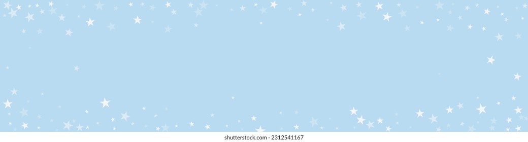 Magic falling snow christmas background. Subtle flying snow flakes and stars on light blue winter backdrop. Magic falling snow holiday scenery.   Panoramic vector illustration.