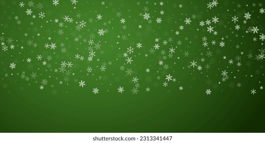 Magic falling snow christmas background. Subtle flying snow flakes and stars on christmas green background. Magic falling snow holiday scenery.   Wide vector illustration.