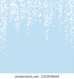 Magic falling snow christmas background. Subtle flying snow flakes and stars on light blue winter backdrop. Magic falling snow holiday scenery.   Square vector illustration.