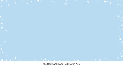 Magic falling snow christmas background. Subtle flying snow flakes and stars on light blue winter backdrop. Magic falling snow holiday scenery.   Wide vector illustration.
