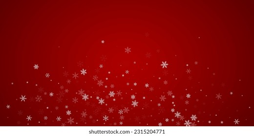 El fondo de navidad de la nieve cae mágicamente. Sutiles copos de nieve volando y estrellas de fondo rojo navideño. Escenario de vacaciones de nieve en caída mágica.   Ilustración vectorial amplia.