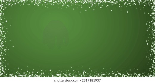 Magic falling snow christmas background. Subtle flying snow flakes and stars on christmas green background. Magic falling snow holiday scenery.   Wide vector illustration.