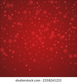 Magic falling snow christmas background. Subtle flying snow flakes and stars on christmas red background. Magic falling snow holiday scenery.   Square vector illustration.