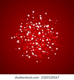 El fondo de navidad de la nieve cae mágicamente. Sutiles copos de nieve volando y estrellas de fondo rojo navideño. Escenario de vacaciones de nieve en caída mágica.   Ilustración vectorial cuadrada.