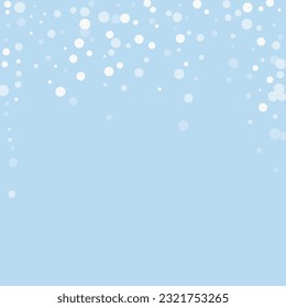 Magic falling snow christmas background. Subtle flying snow flakes and stars on light blue winter backdrop. Magic falling snow holiday scenery.   Square vector illustration.