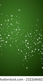 Magic falling snow christmas background. Subtle flying snow flakes and stars on christmas green background. Magic falling snow holiday scenery.   Vertical vector illustration.