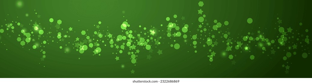 El fondo de navidad de la nieve cae mágicamente. Sutiles copos de nieve volando y estrellas sobre fondo verde navideño. Escenario de vacaciones de nieve en caída mágica.   Ilustración de vector panorámica.