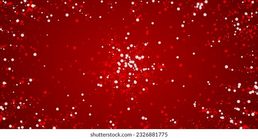 Magic falling snow christmas background. Subtle flying snow flakes and stars on christmas red background. Magic falling snow holiday scenery.   Wide vector illustration.