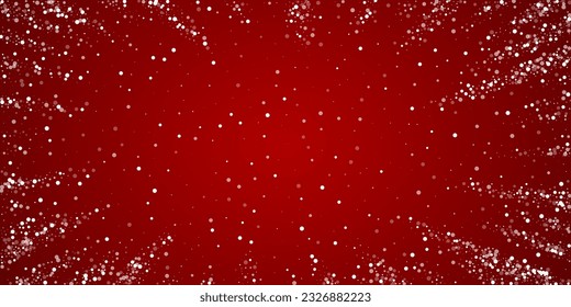 Magic falling snow christmas background. Subtle flying snow flakes and stars on christmas red background. Magic falling snow holiday scenery.   Wide vector illustration.