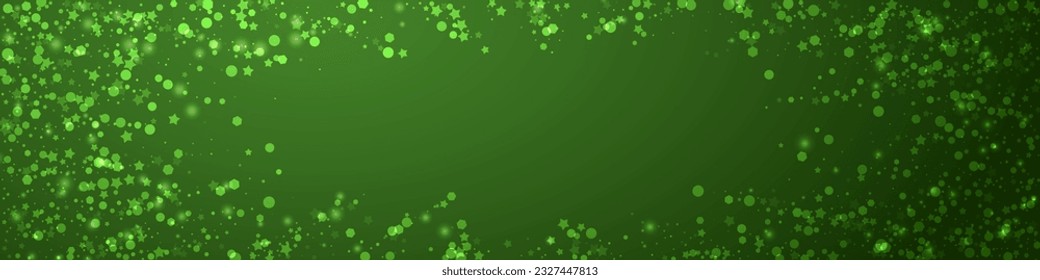 Magic falling snow christmas background. Subtle flying snow flakes and stars on christmas green background. Magic falling snow holiday scenery.   Panoramic vector illustration.