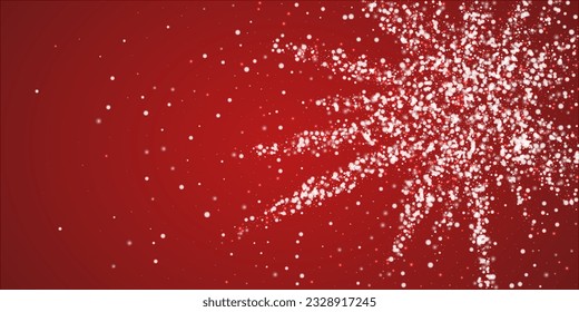 Magic falling snow christmas background. Subtle flying snow flakes and stars on christmas red background. Magic falling snow holiday scenery.   Wide vector illustration.