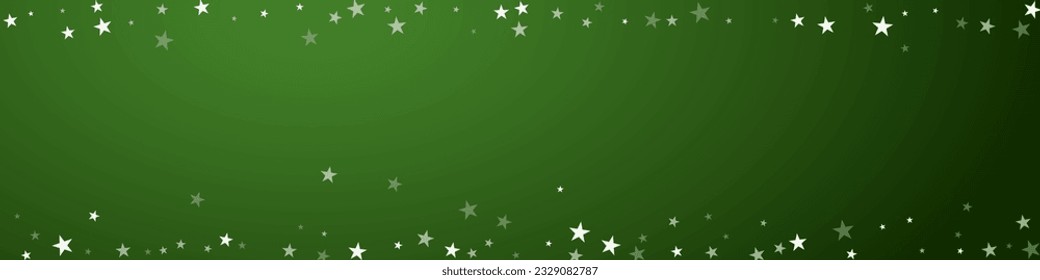 Magic falling snow christmas background. Subtle flying snow flakes and stars on christmas green background. Magic falling snow holiday scenery.   Panoramic vector illustration.