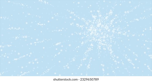 El fondo de navidad de la nieve cae mágicamente. Sutiles copos de nieve volando y estrellas en el fondo azul claro del invierno. Escenario de vacaciones de nieve en caída mágica.   Ilustración vectorial amplia.