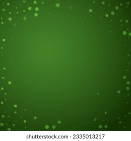 Magic falling snow christmas background. Subtle flying snow flakes and stars on christmas green background. Magic falling snow holiday scenery.   Square vector illustration.