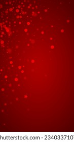 Magic falling snow christmas background. Subtle flying snow flakes and stars on christmas red background. Magic falling snow holiday scenery.   Vertical vector illustration.