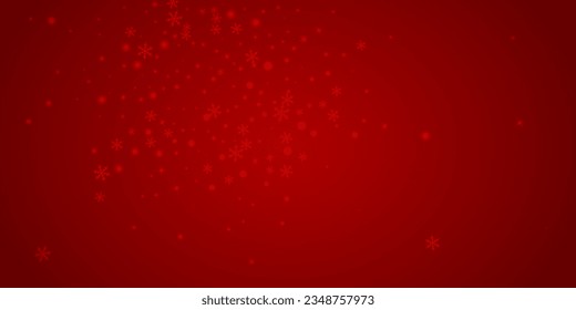 Magic falling snow christmas background. Subtle flying snow flakes and stars on christmas red background. Magic falling snow holiday scenery.   Wide vector illustration.