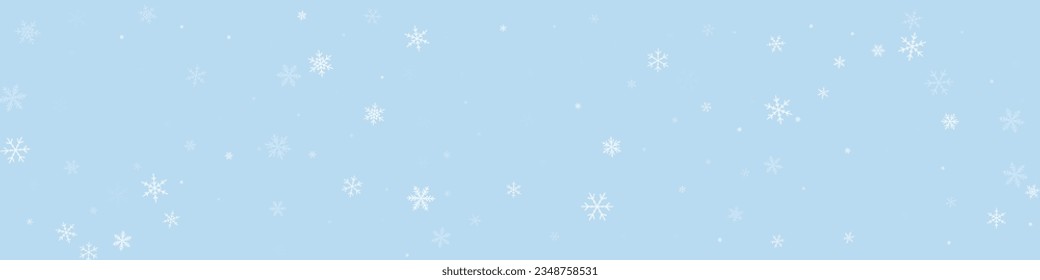 Magic falling snow christmas background. Subtle flying snow flakes and stars on light blue winter backdrop. Magic falling snow holiday scenery.   Panoramic vector illustration.