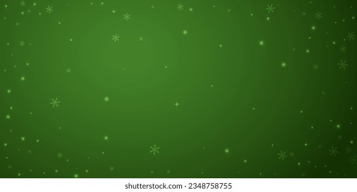 Magic falling snow christmas background. Subtle flying snow flakes and stars on christmas green background. Magic falling snow holiday scenery.   Wide vector illustration.