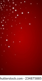 Magic falling snow christmas background. Subtle flying snow flakes and stars on christmas red background. Magic falling snow holiday scenery.   Vertical vector illustration.