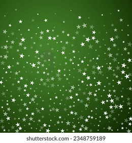 Magic falling snow christmas background. Subtle flying snow flakes and stars on christmas green background. Magic falling snow holiday scenery.   Square vector illustration.