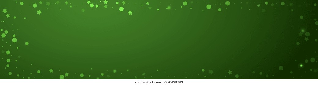 Magic falling snow christmas background. Subtle flying snow flakes and stars on christmas green background. Magic falling snow holiday scenery.   Panoramic vector illustration.