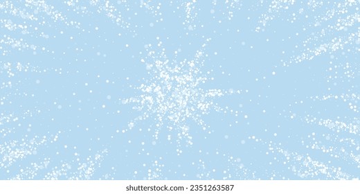 Magic falling snow christmas background. Subtle flying snow flakes and stars on light blue winter backdrop. Magic falling snow holiday scenery. Wide vector illustration.