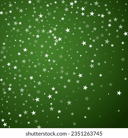 Magic falling snow christmas background. Subtle flying snow flakes and stars on christmas green background. Magic falling snow holiday scenery.   Square vector illustration.
