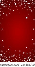 Magic falling snow christmas background. Subtle flying snow flakes and stars on christmas red background. Magic falling snow holiday scenery.   Vertical vector illustration.