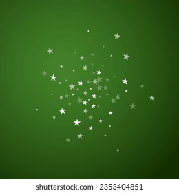 Magic falling snow christmas background. Subtle flying snow flakes and stars on christmas green background. Magic falling snow holiday scenery.   Square vector illustration.