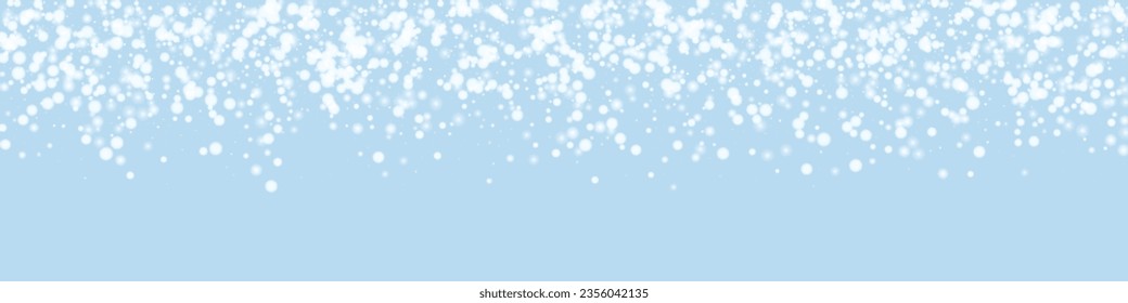 Magic falling snow christmas background. Subtle flying snow flakes and stars on light blue winter backdrop. Magic falling snow holiday scenery.   Panoramic vector illustration.
