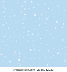 Magic falling snow christmas background. Subtle flying snow flakes and stars on light blue winter backdrop. Magic falling snow holiday scenery.   Square vector illustration.