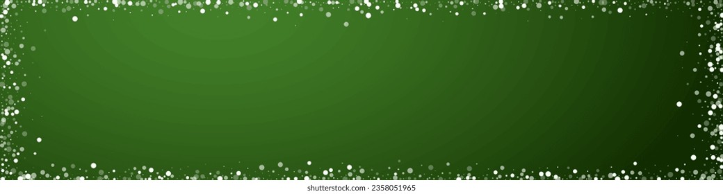 Magic falling snow christmas background. Subtle flying snow flakes and stars on christmas green background. Magic falling snow holiday scenery.   Panoramic vector illustration.
