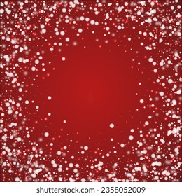 Magic falling snow christmas background. Subtle flying snow flakes and stars on christmas red background. Magic falling snow holiday scenery.   Square vector illustration.