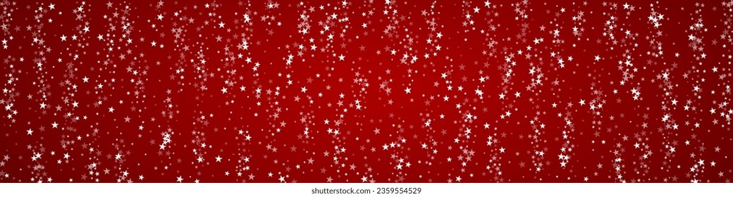 Magic falling snow christmas background. Subtle flying snow flakes and stars on christmas red background. Magic falling snow holiday scenery.   Panoramic vector illustration.