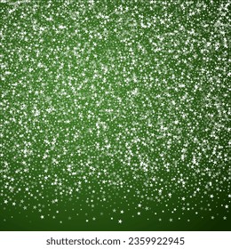 Magic falling snow christmas background. Subtle flying snow flakes and stars on christmas green background. Magic falling snow holiday scenery.   Square vector illustration.