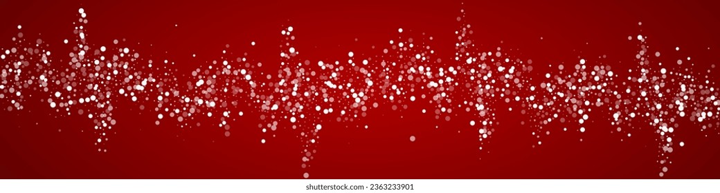 El fondo de navidad de la nieve cae mágicamente. Sutiles copos de nieve volando y estrellas de fondo rojo navideño. Escenario de vacaciones de nieve en caída mágica.   Ilustración de vector panorámica.