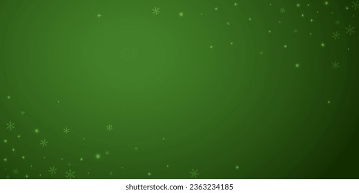 Magic falling snow christmas background. Subtle flying snow flakes and stars on christmas green background. Magic falling snow holiday scenery.   Wide vector illustration.