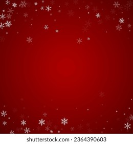 Magic falling snow christmas background. Subtle flying snow flakes and stars on christmas red background. Magic falling snow holiday scenery.   Square vector illustration.