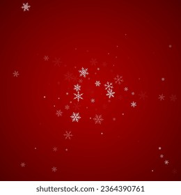 Magic falling snow christmas background. Subtle flying snow flakes and stars on christmas red background. Magic falling snow holiday scenery.   Square vector illustration.
