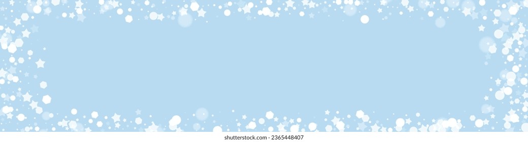 El fondo de navidad de la nieve cae mágicamente. Sutiles copos de nieve volando y estrellas en el fondo azul claro del invierno. Escenario de vacaciones de nieve en caída mágica.   Ilustración de vector panorámica.