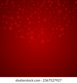 Magic falling snow christmas background. Subtle flying snow flakes and stars on christmas red background. Magic falling snow holiday scenery.   Square vector illustration.