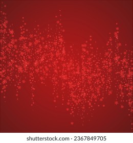 Magic falling snow christmas background. Subtle flying snow flakes and stars on christmas red background. Magic falling snow holiday scenery.   Square vector illustration.