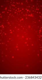 Magic falling snow christmas background. Subtle flying snow flakes and stars on christmas red background. Magic falling snow holiday scenery.   Vertical vector illustration.
