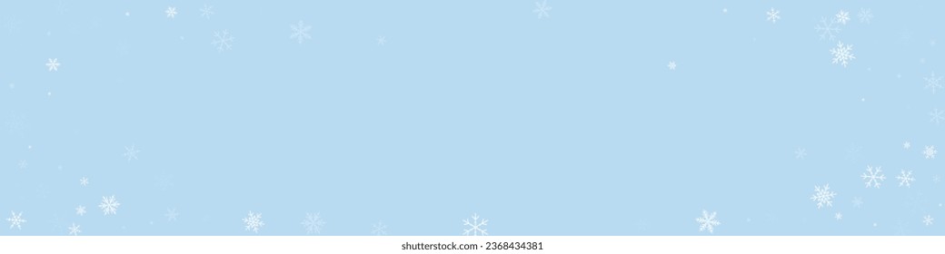 Magic falling snow christmas background. Subtle flying snow flakes and stars on light blue winter backdrop. Magic falling snow holiday scenery.   Panoramic vector illustration.