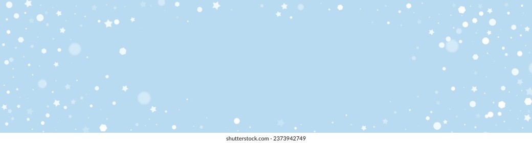 Magic falling snow christmas background. Subtle flying snow flakes and stars on light blue winter backdrop. Magic falling snow holiday scenery.   Panoramic vector illustration.