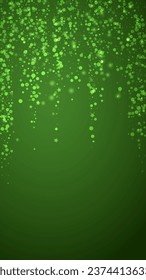 Magic falling snow christmas background. Subtle flying snow flakes and stars on christmas green background. Magic falling snow holiday scenery.   Vertical vector illustration.