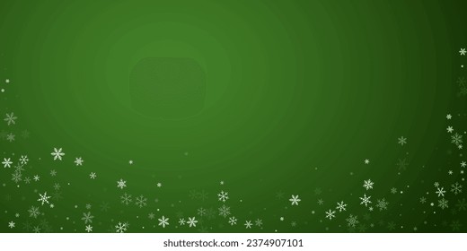 Magic falling snow christmas background. Subtle flying snow flakes and stars on christmas green background. Magic falling snow holiday scenery.   Wide vector illustration.