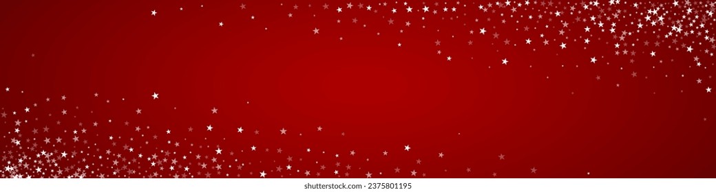 Magic falling snow christmas background. Subtle flying snow flakes and stars on christmas red background. Magic falling snow holiday scenery.   Panoramic vector illustration.