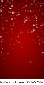 Magic falling snow christmas background. Subtle flying snow flakes and stars on christmas red background. Magic falling snow holiday scenery.   Vertical vector illustration.