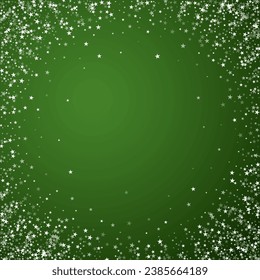 Magic falling snow christmas background. Subtle flying snow flakes and stars on christmas green background. Magic falling snow holiday scenery.   Square vector illustration.